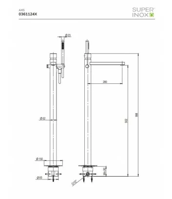 technical data sheet freestanding stainless steel bath mixer Axis series