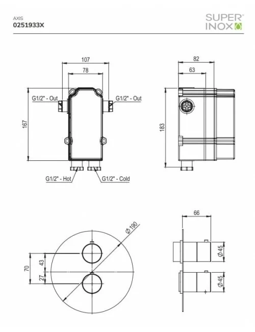 scheda tecnica miscelatore doccia incasso termostatico a due o tre vie serie Axis di Super inox