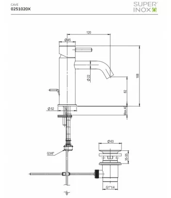 fiche technique mitigeur cave lavabo en acier cod. 0251020X