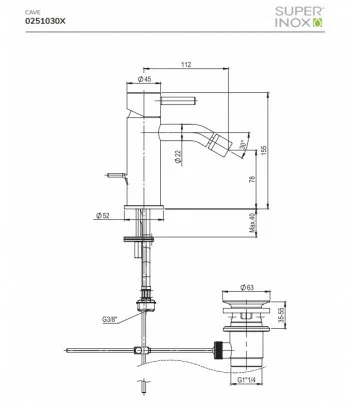 scheda tecnica miscelatore bidet cave in acciaio inox di super inox dotato di scarico