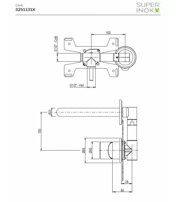 fiche technique mitigeur de lavabo encastré serie Cave en acier inox