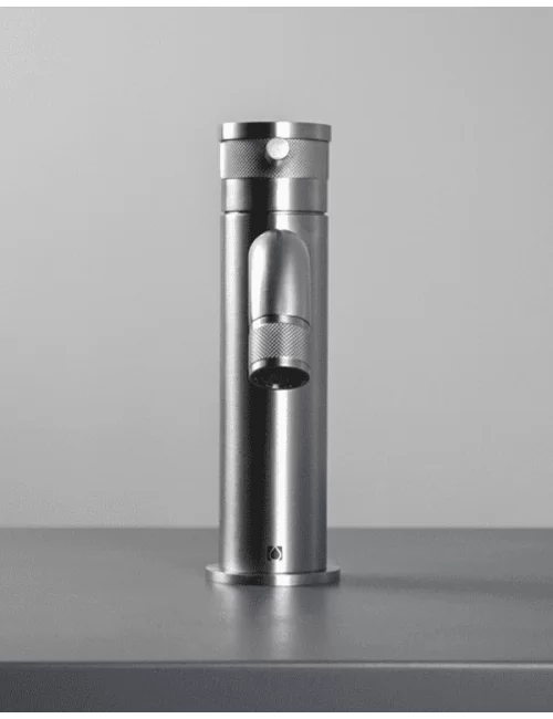 miscelatore rétro in acciaio inox per lavabo con bocca 12 cm vista frontale