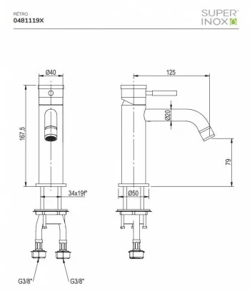 technical data sheet stainless steel basin mixer rétro with 12 cm spout