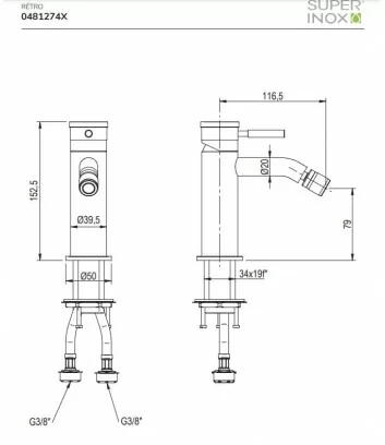 technical data sheet stainless steel bidet mixer Rétro collection by Super Inox