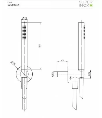 technical data sheet 316L stainless steel shower set with hand shower Rigo series by Super Inox