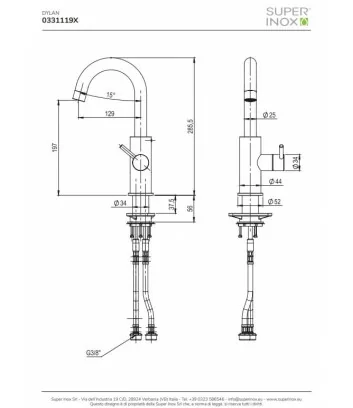 fiche technique mitigeur de lavabo en acier inox serie Dylan de Super inox