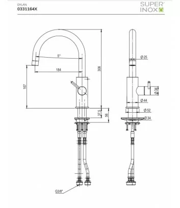 scheda tecnica miscelatore per lavabo in acciaio inox 316L serie Dylan bocca 18 cm