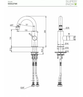 technical data sheet 316L steel bidet mixer Dylan series