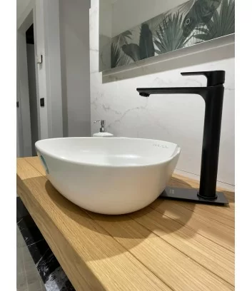 matt countertop washbasin with high black tap