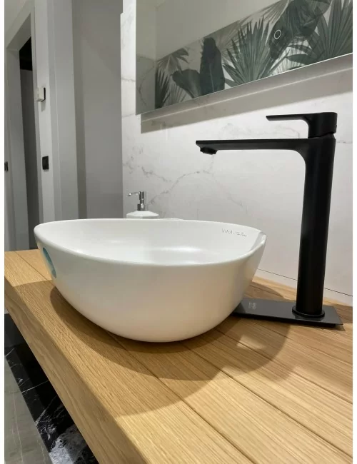 lavabo d'appoggio opaco con rubinetto alto nero opaco