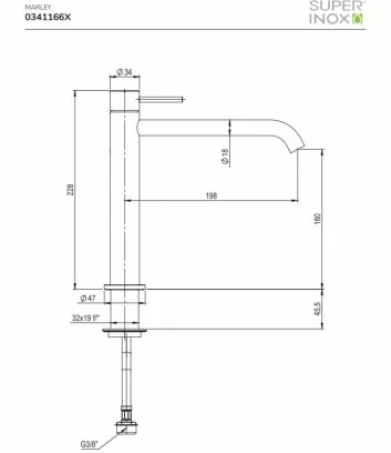 technical data sheet high basin mixer Marley series by Super Inox