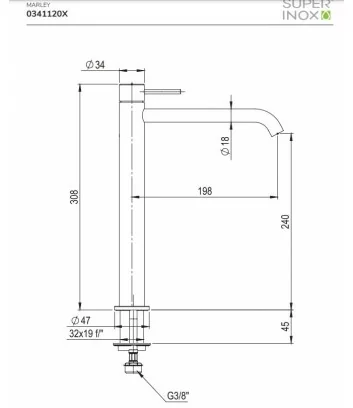 technical data sheet Marley high basin mixer body heigh 24 cm