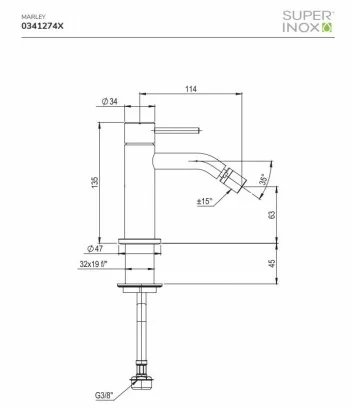 technical data sheet stainless steel bidet mixer Marley collection by Super Inox