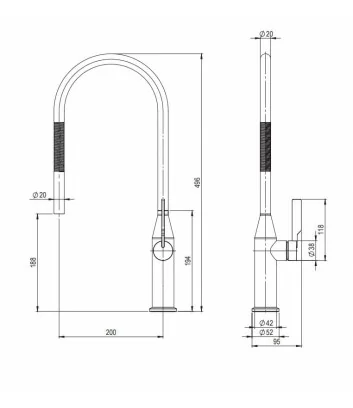 technical data sheet Papillon series stainless steel kitchen mixer with round flexible spout with spring