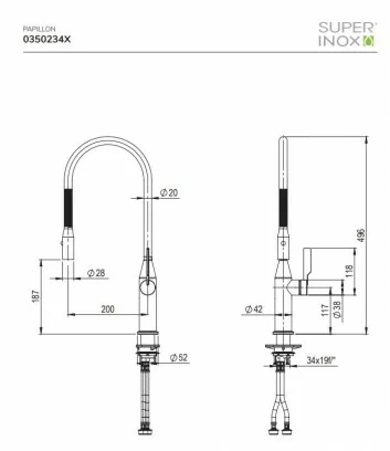 miscelatore cucina Papillon con doccetta e canna con molla scheda tecnica