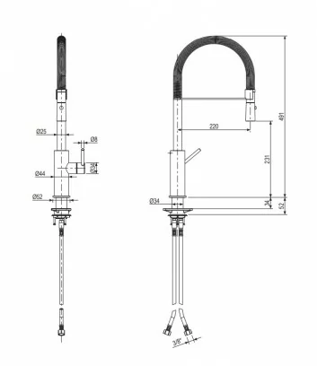 technical data sheet stainless steel kitchen mixer with round spout and spring Dylan series