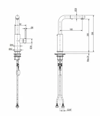 fiche technique mitigeur de cuisine en acier inox 316L serie Dylan cod. 0010028x