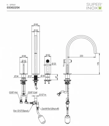 technical data sheet K-spray kitchen mixer with hand shower and diverter in stainless steel by Super Inox