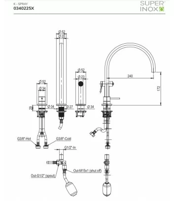 technical data sheet 316L stainless steel kitchen mixer Super Inox cod. 0340225X