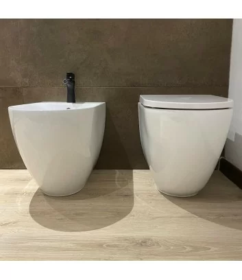 front view glossy white floor-standing couple of sanitary ware by Rak Des