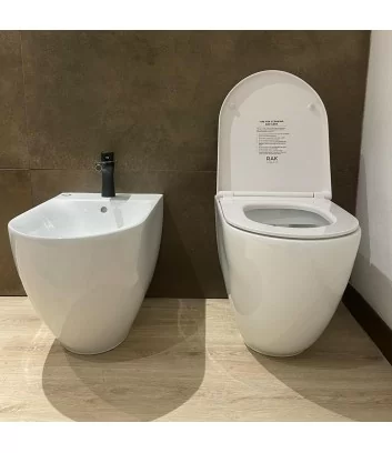 glossy white floor-standing couple of sanitary ware by Rak Des with opened seat cover