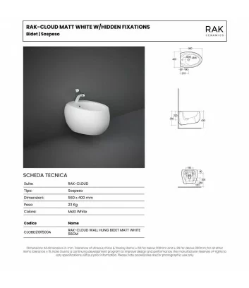 technical data sheet bidet wall-hung series Cloud