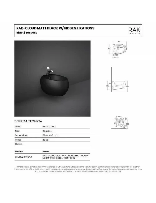 technical data sheet bidet wall-hung black mat series Cloud