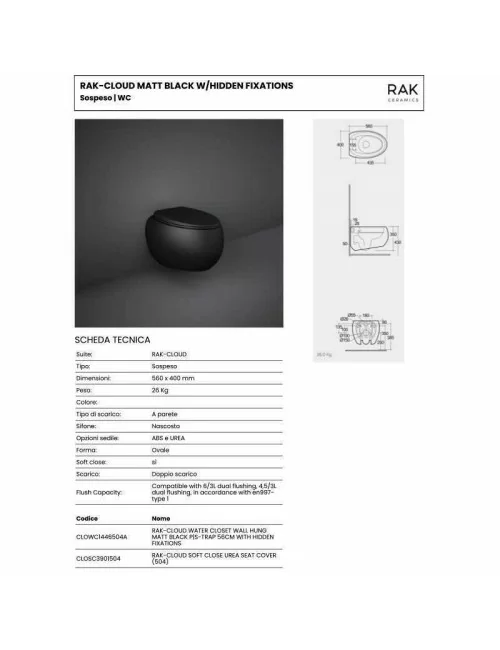 technical data sheet wc wall-hung black mat series Cloud