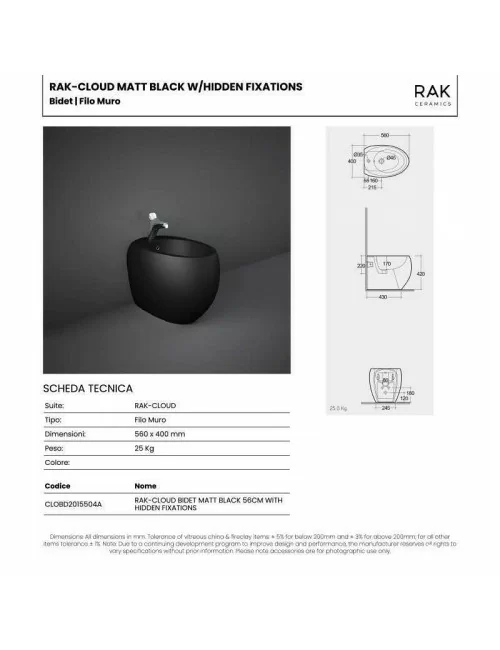 technical data sheet bidet black matt floor-standing Cloud series