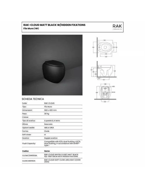 technical data sheet wc black matt floor-standing Cloud series