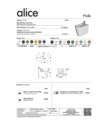 fiche tecnique bidet sur pied ligne Hide Round de Alice Ceramica