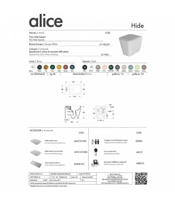 fiche tecnique wc sur pied ligne Hide Square de Alice Ceramica