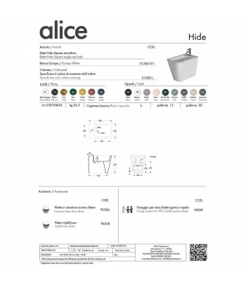 fiche tecnique bidet sur pied ligne Hide Square de Alice Ceramica