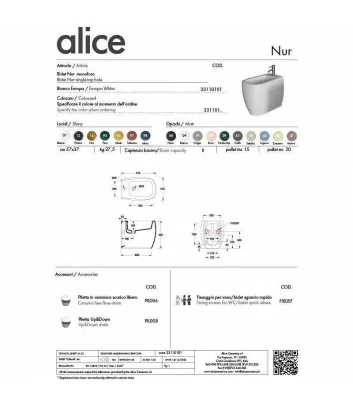 fiche tecnique bidet sur pied ligne Nur de Alice Ceramica