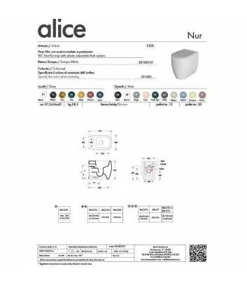 technical data sheet wc floor-standing Nur line by Alice