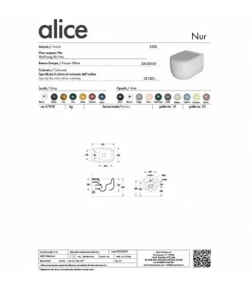 technical data sheet wc wall-hung Nur line by Alice Ceramica