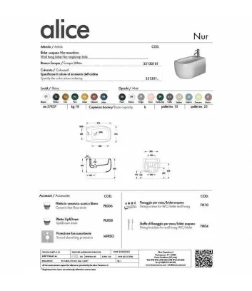 technical data sheet bidet wall-hung Nur line by Alice Ceramica