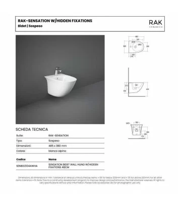 Scheda tecnica bidet sospeso 48 cm hidden fixation serie Sensation di Rak Ceramics