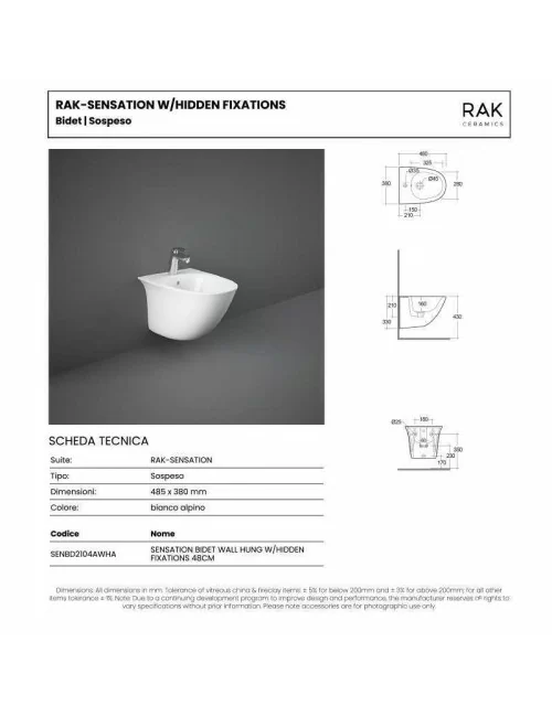 technical data sheet wall-hug bidet hidden fixations 48 cm sensation rak ceramics