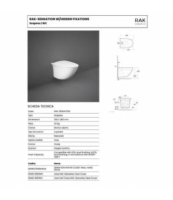 technical data sheet wall-hung wc with hidden fixations sensation rimless 52 cm Rak Cermics