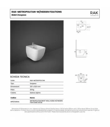 Scheda tecnica bidet sospeso linea Metropolitan di Rak Ceramics