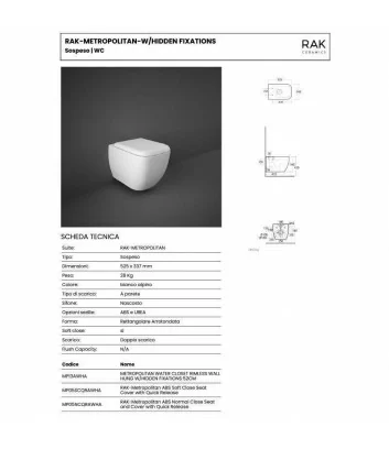 scheda tecnica WC sospeso rimless w/hidden fixations linea Metropolitan Rak Ceramics