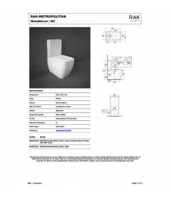 fiche tecnique wc metropolitan de Rak ceramics monobloc rimless