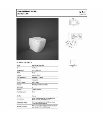 scheda tecnica wc filo muro rimless serie Metropolitan di Rak Ceramics