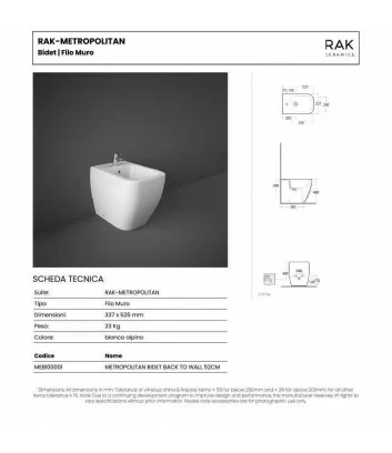 scheda tecnica bidet filo muro serie Metropolitan di Rak Ceramics