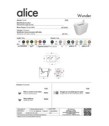 technical data sheet bidet floor-standing Wunder line by Alice Ceramica