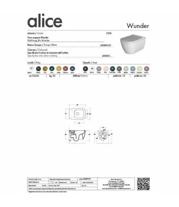 scheda tecnica wc sospeso Wunder di Alice Ceramica