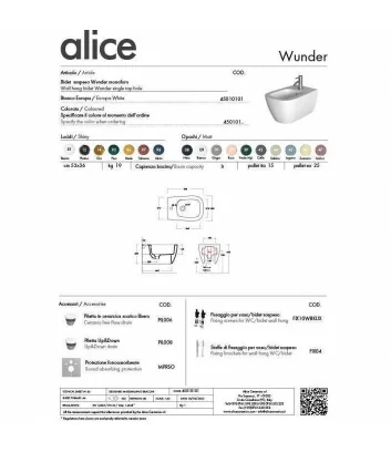 fiche tecnique bidet sospendu ligne Wunder de Alice Ceramica