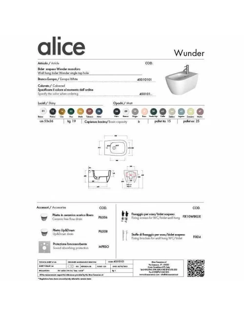 technical data sheet bidet wall-hung Wunder lines