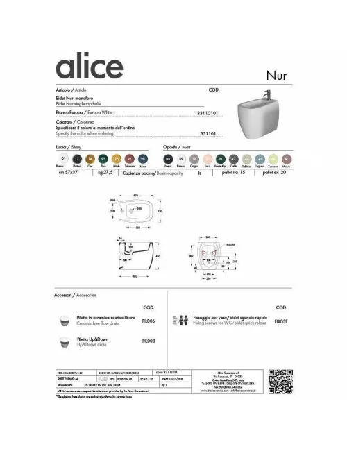 technical data sheet bidet floor-standing Nur line by Alice Ceramica